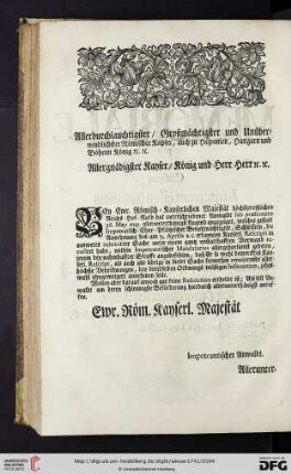 Allergnädigster Kayser, König und Herr Herr
