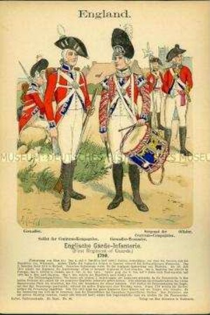 Uniformdarstellung, Grenadier, Soldat und Sergeant der Zentrums-Kompanien, Tambour und Offizier der Garde-Infanterie, Königreich Großbritannien, 1775.