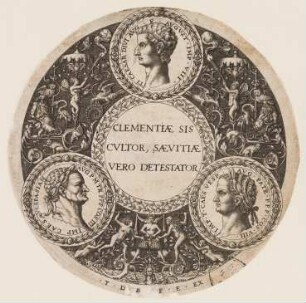 Medaillon mit Tiberius oben in der Mitte, Vespasian unten links und Titus unten rechts