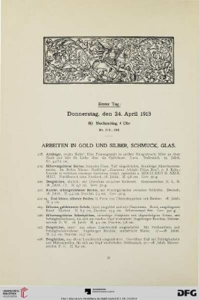 Arbeiten in Gold und Silber, Schmuck, Glas (Nr. 218-388)