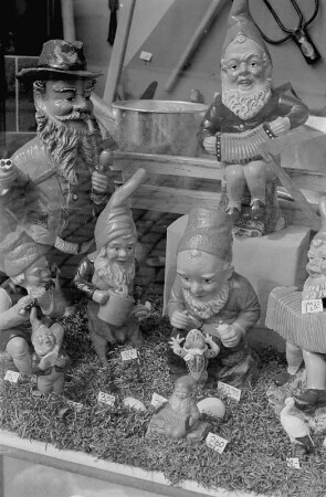 Gartenzwerge in einem Schaufenster (Ladeninhaber wohl Rudolf Stach)