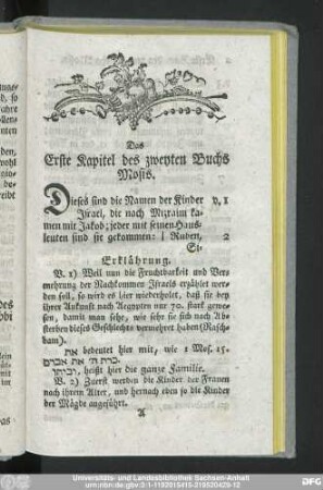 Das Erste Kapitel des zweyten Buchs Mosis.