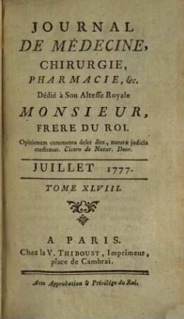 Journal de médecine, chirurgie, pharmacie. 48. 1777