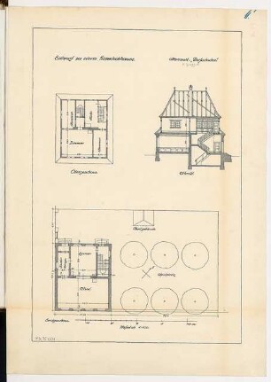 Gemeindehaus Monatskonkurrenz Oktober 1913: Lageplan mit Grundriss Erdgeschoss, Obergeschoss, Längsschnitt, 1:100; Maßstabsleiste