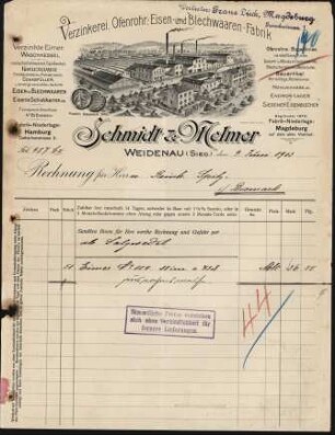 Firmenbriefkopf Schmidt & Melmer, Verzinkerei, Ofenrohr-, Eisen - und Blechwaaren - Fabrik