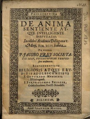 Philosophica de anima sentiente atque intelligente disputatio