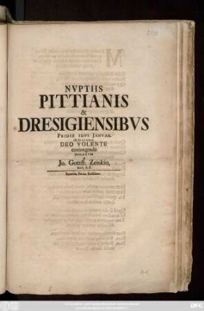 Nvptiis Pittianis & Dresigiensibvs Pridie Idvs Janvar. MDCCXXIX Deo Volente coniungendis Dicatvm