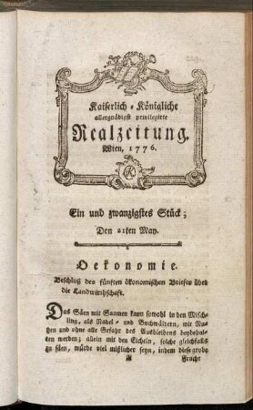 Ein und zwanzigstes Stück; Den 21ten May. Wien, 1776.