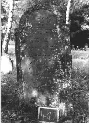 Grabstein 412 (Index: 99895869) Material: Sandstein Zustand: leicht verwittert und bewachsen, im unteren Teil abgeblättert Maße HxBxT: 146x65x9 cm Beschreibung: Stele mit eingezogenem Rundbogenabschluss: Grabstein 412 (1)