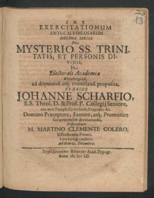 Exercitationum Anti-Calvinianarum Decima Tertia De Mysterio SS. Trinitatis, Et Personis Divinis