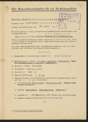 Stadttheater, Bielefeld: Fragebogen für das Handbuch »Das Deutsche Theater«, vierseitiges Dokument
