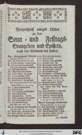 Verzeichnis einiger Lieder zu den Sonn- und Festtags-Evangelien und Episteln, nach den Numern der Lieder.