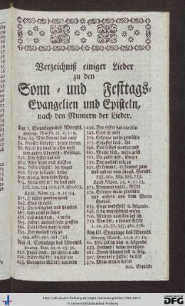 Verzeichnis einiger Lieder zu den Sonn- und Festtags-Evangelien und Episteln, nach den Numern der Lieder.