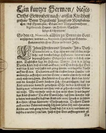 Ein kurzer Sermon/ dieses Orths Gewonheit nach/ auffm Kirchhoff gethan [...]