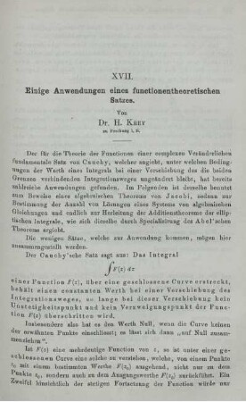 XVII. Einige Anwendungen eines functionentheoretischen Satzes.