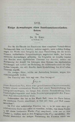 XVII. Einige Anwendungen eines functionentheoretischen Satzes.