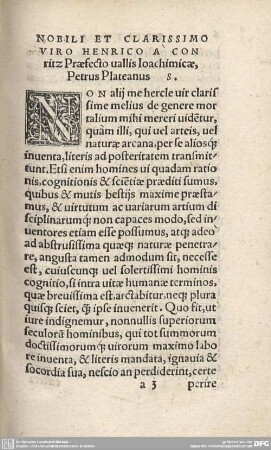 NOBILI ET CLARISSIMO VIRO HENRICO A CONRITZ Praefecto vallis Iochimicae, Petrus Platanus S.