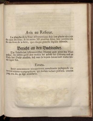 Avis au Relieur. Bericht an den Buchbinder.