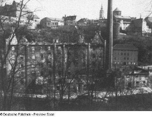 Bautzen. Zerstörte Bautzner Tuchfabrik AG. Blick vom linken Spreeufer