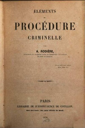 Elements de procédure criminelle