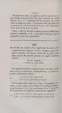 Note sur le lieu du sommet d'un angle dont les côtés sont respectivement tangents à deux coniques ayant un foyer commun [...]