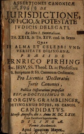 Assertiones canonicae de iurisdictione, officio et potestate iudicis delegati