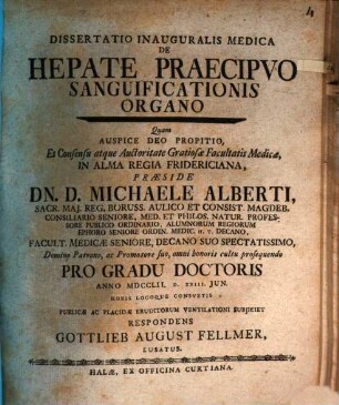 Dissertatio Inauguralis Medica De Hepate Praecipuo Sanguificationis Organo