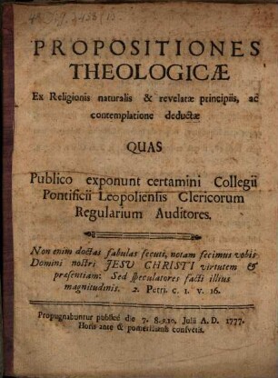 Propositiones theologicae ex religionis naturalis et revelatae principiis ac contemplatione deductae