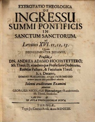 Exercitatio Theologica De Ingressu Summi Pontificis In Sanctum Sanctorum, ad Levitici XVI. 11, 12, 13
