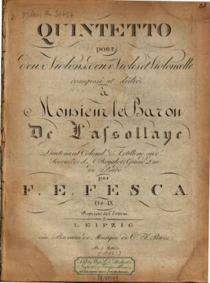 Quintetto : pour 2 violons, 2 violes et violoncelle ; oeuv. 9