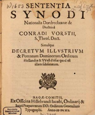 Sententia Synodi Nationalis Dordrechtanae de Doctrina Conradi Vorstii, S. Theol. Doct.