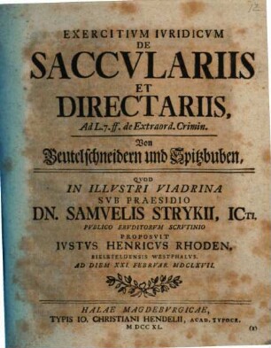 Exercitium iur. de sacculariis et directariis, von Beutelschneidern und Spitzbuben