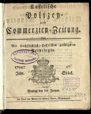 1tes Stueck, Montag den 6ten Januar 1794