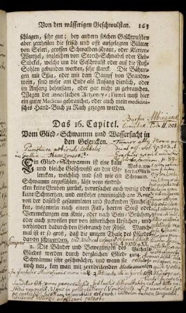 Das 16. Capitel. Vom Glied-Schwamm und Wassersucht in den Gelencken.