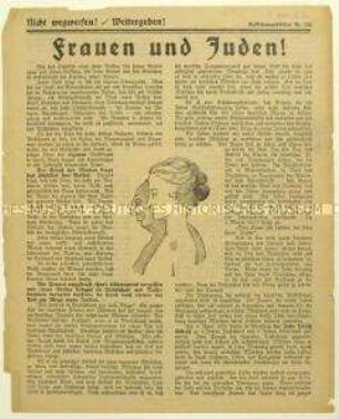 Antisemitisches Flugblatt der Deutschen Erneuerungs-Gemeinde gegen sexuelle Beziehungen zwischen deutschen Frauen und Männern jüdischer Herkunft