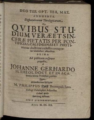 ... Disputationum Theologicarum ... Prima.