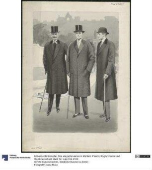 Drei elegante Herren in Mänteln: Paletot, Raglanmantel und Stadtchesterfield
