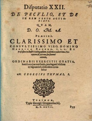 Classis II. disp. XXII. de peculio, et de in rem verso actionibus