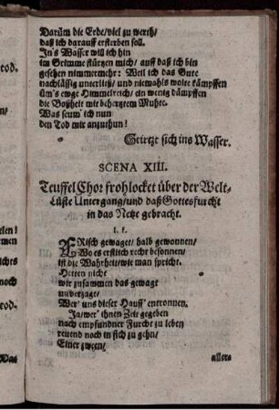 Scena XIII. Teuffel Chor frohlocket über der Welt-Lüste Untergang/ und daß Gottesfurcht in das Netze gebracht