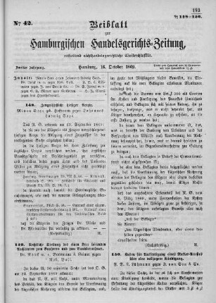 Beiblatt zur hamburgischen Handelsgerichts-Zeitung No. 42. Zweiter Jahrgang. Hamburg, 16. Oktober 1869.