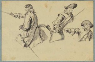 Drei Kavalleristen, ihre Degen oder Pistolen ziehend