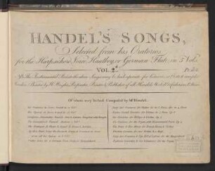 Handel’s songs selected from his oratorios : for the harpsichord, voice, hautboy, or german flute, in 5 vols ; Vol. 2d