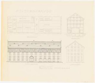 Gartenanlage Höhere Lehranstalt für Gartenbau, Erfurt: Hintergebäude: Grundriss, Ansichten, Querschnitt 1:100