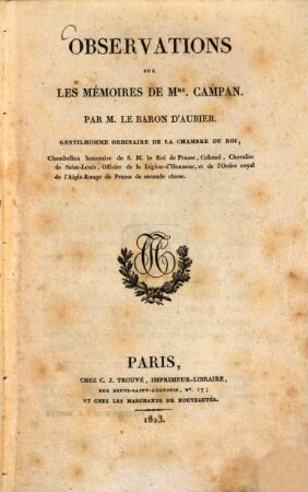Observations sur les mémoires de Mme. Campan
