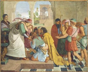 Joseph gibt sich seinen Brüdern zu erkennen. Wandgemälde aus dem achtteiligen Zyklus aus der Casa Bartholdy in Rom