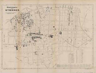 Stadtplan von Dresden-Striesen, 1:5 000, Lithographie, 1884 : Situationsplan von Striesen / Lithographie u. Druck v. Paul Herrmann. Gez. v. Baugewerke Roch. - [Ca. 1:5 000]. - Dresden : Albanus , [1884]. - 1 Kt. : einfarb. Lithogr. ; 60 x 42 cm