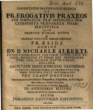 Dissertatio Inavgvralis Medica De Praerogativis Praxeos Per Simplicia Prae Medicina Per Composita Praeparata Pharmacevtica