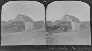 Akureyri (Island). Fischergehöft auf einem Hügel über der Stadt mit Rasensodenabdeckung