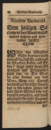 Vierdter Vorbericht Vom heiligen Sacrament des Abendmahls, unsers HErrn und Heylandes JESU Chrisri