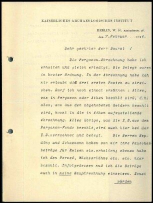 Schreiben; DAI Zentrale an W. Dörpfeld